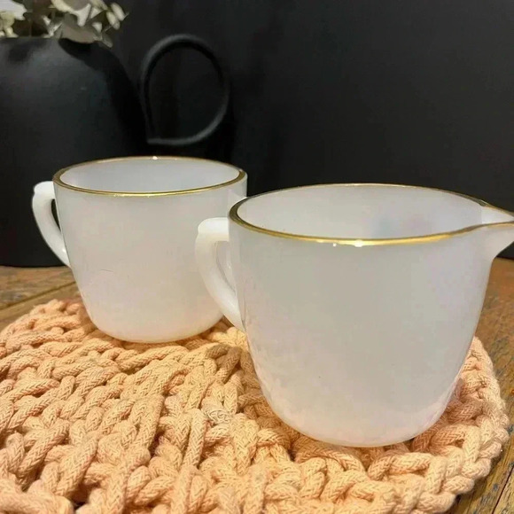 Vintage Fire-King Milk Glass Cups – Rose Motif & Gold Rim (Set of 2) - Picture 5 of 9
